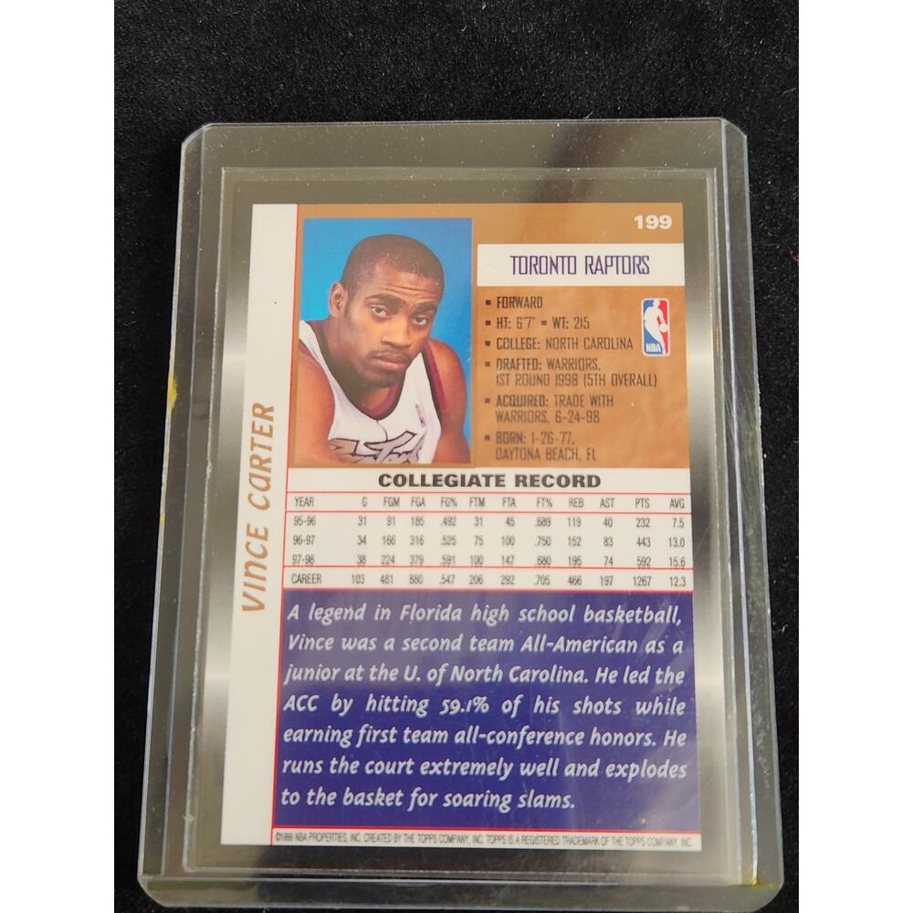 1998-99 Vince Carter Topps RC #199 Toronto Raptors Rookie Card - Picture 2 of 6